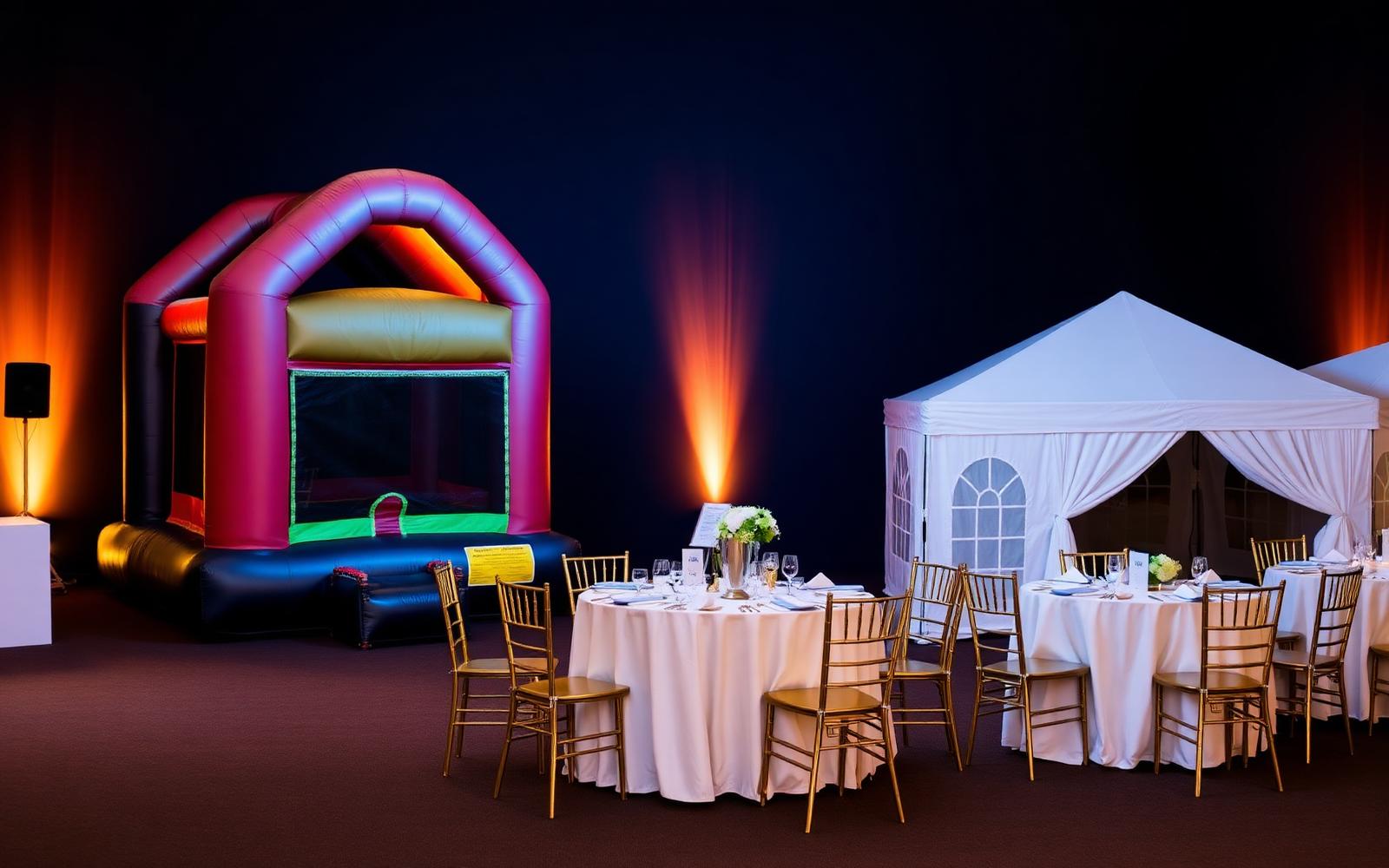 Party rental packages: bounce house, canopy, tables and gold chairs